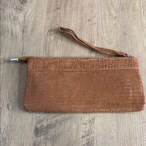 Brown Textured Faux Leather Wristlet Clutch - Animal Print interior - wriststrap